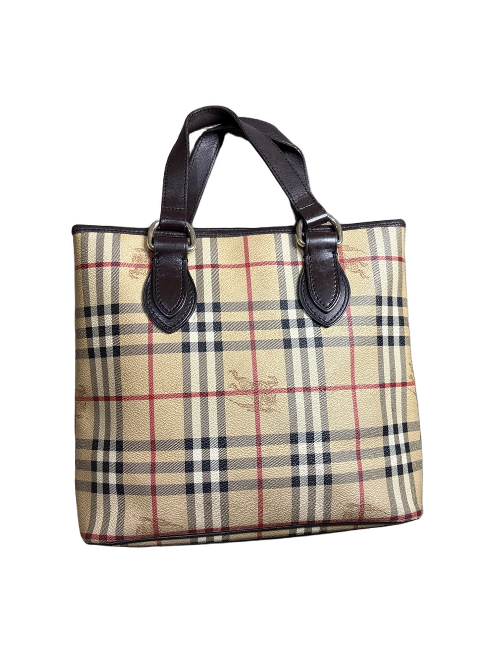 Burberry Vintage Small Haymarket Check Tote Brown Leather Trim with COA